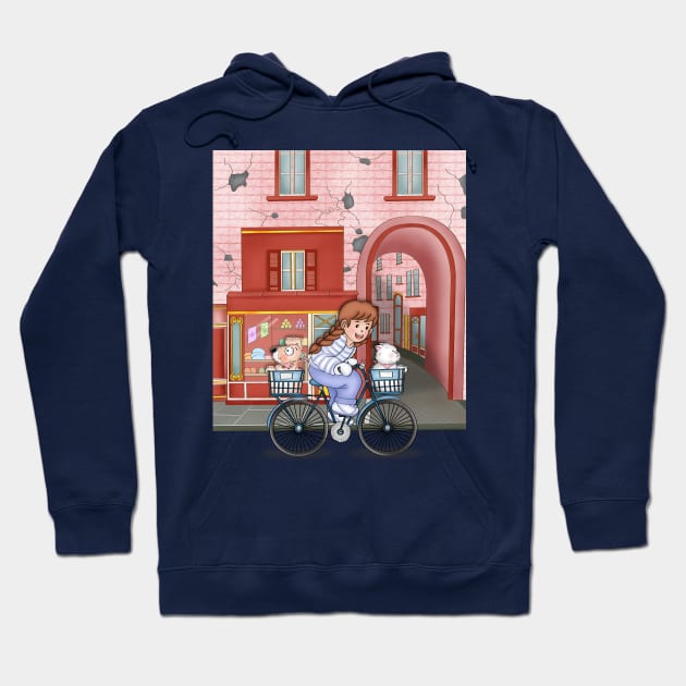 Cute Girl Cycling Around The Town With Dog And Cat Hoodie by Athikan